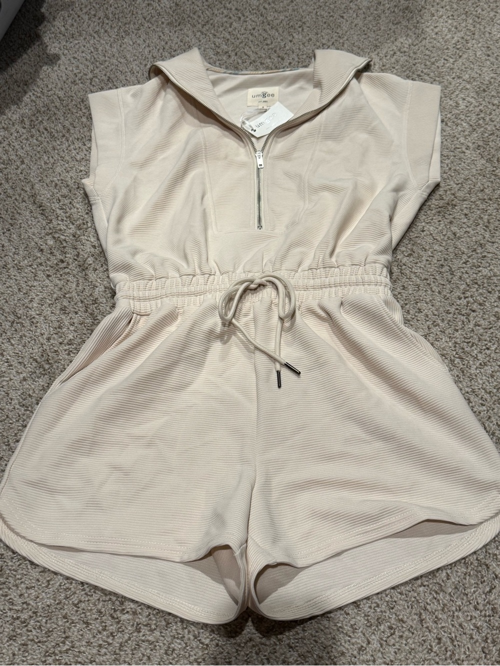 Umgee Cream Short Sleeve Ribbed Romper with Drawstring